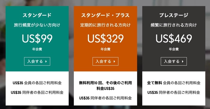 旅行プラン3種類 スタンダード99ドル スタンダードプラス329ドル プレステージ469ドル